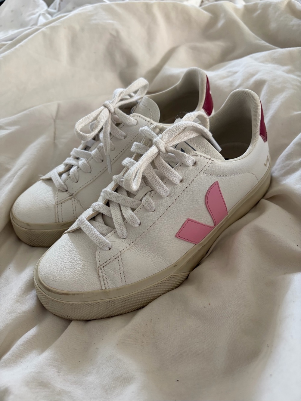 Veja Women’s White Leather Sneakers with Pink Accents